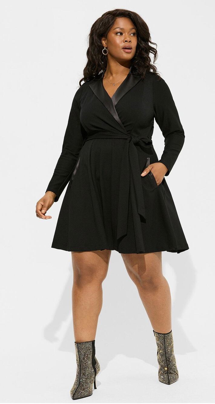 Torrid Womens Mini Tuxedo Dress Plus Size 20 Black Long Sleeve Short Tie Belt